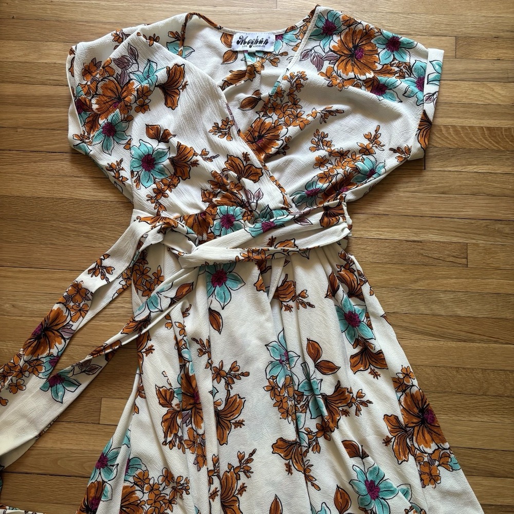 Meghan LA Floral Midi Dress Women's Large Fit N Flare Turquoise Party Flirty